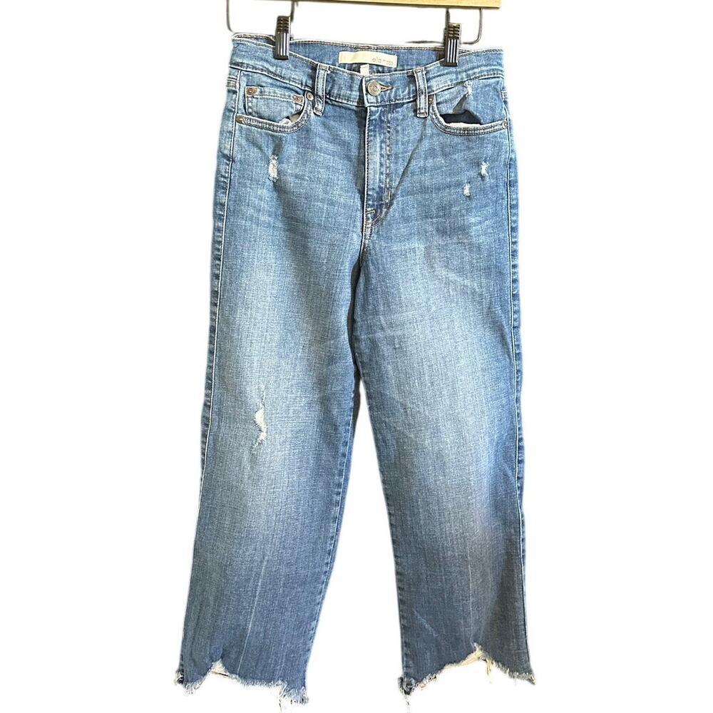 Cropped Wide Leg Jeans Womens 27 Raw Hem Distressed Medium Wash Trendy Deni - Picture 2 of 11